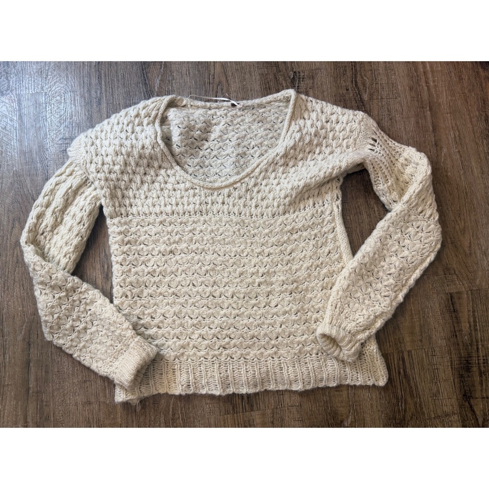 Free People Popcorn Knit Sweater Cream Ivory Chunky Crochet Pullover XS
